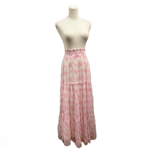 Fillyboo Dresses & Skirts - fillyboo pink white floral maxi skirt boho high waist preppy luxury tiered flowy